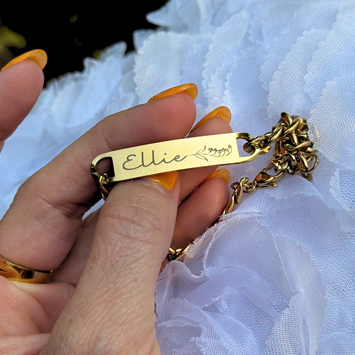 Birth Flower Curved Bar Bracelet